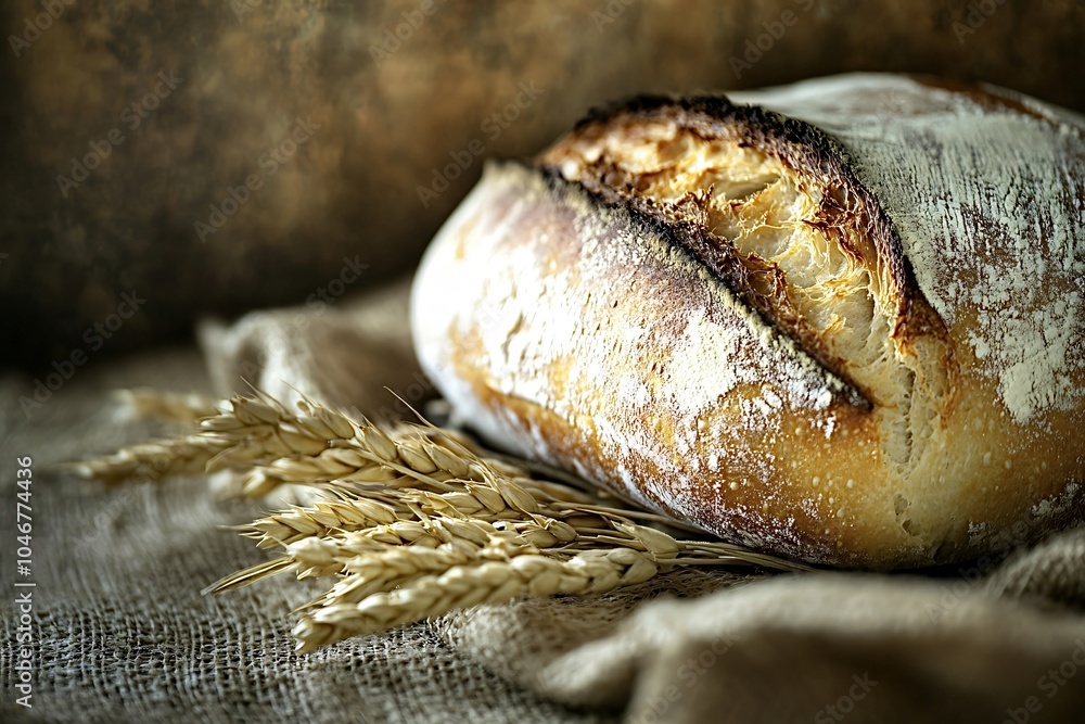 Poster Loaf of freshly baked bread is resting on a rustic burlap sack, with wheat stalks scattered around it, creating a warm and inviting atmosphere