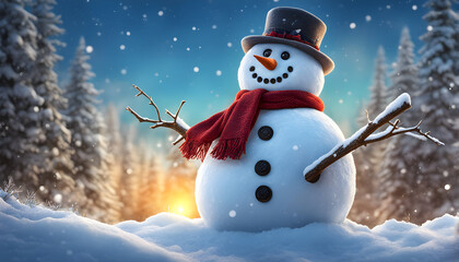 Obraz premium Happy snowman standing outside on a winters day. Concept of winter, snow and childhood. Shallow field. generative ai.
