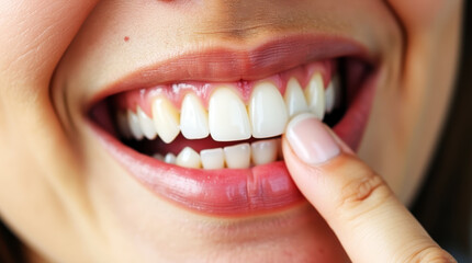 Fototapeta premium Close-Up of a Smiling Person Gently Lifting Upper Lip to Reveal Clean White Teeth and Healthy Pink Gums