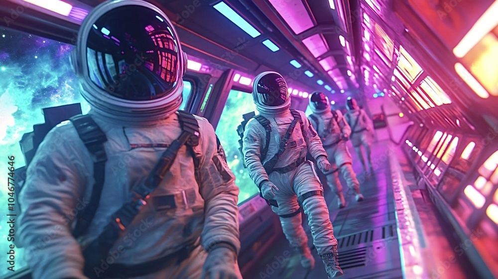 Poster Astronauts in spacesuits walk through a futuristic neon-lit corridor with a view of outer space