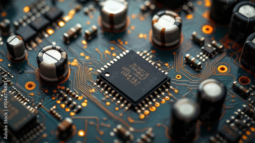 Poster electronic circuit board with detailed components and traces.