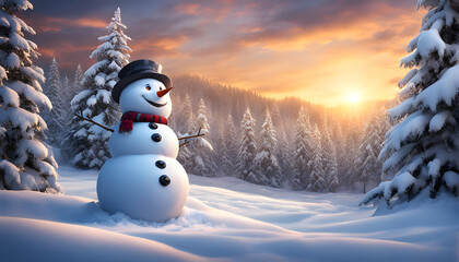 Obraz premium Happy snowman standing outside on a winters day. Concept of winter, snow and childhood. Shallow field. generative ai.