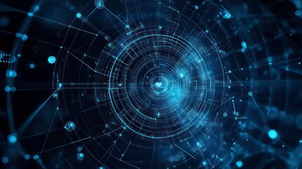 Obraz premium Abstract blue and red glowing network of lines and dots in a futuristic digital tunnel.