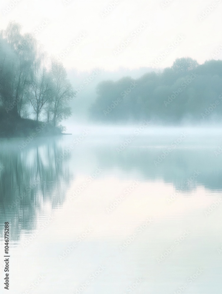 Poster the calm lake reflects soft mist and trees at dawn, creating a serene atmosphere filled with tranqui