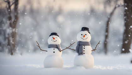 Fototapeta premium Happy snowman standing outside on a winters day. Concept of winter, snow and childhood. Shallow field. generative ai.