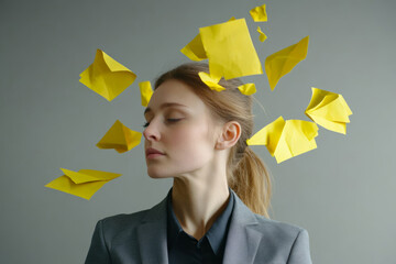 A woman dressed in gray suit with yellow paper flying around her head in an artistic representation of creativity and thoughts