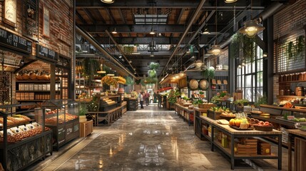 Fototapeta premium A bustling indoor market with exposed brick walls, wooden beams, and various stalls selling fresh produce, baked goods, and other groceries. Customers browse the aisles while enjoying the vibrant 