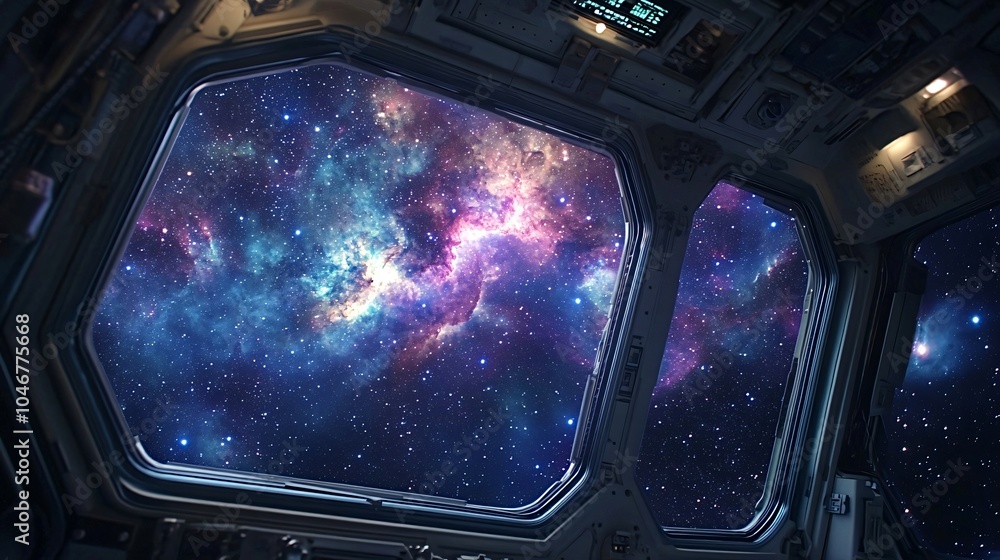 Poster spaceship is traversing the cosmos, offering a breathtaking view of the galaxy, with countless stars