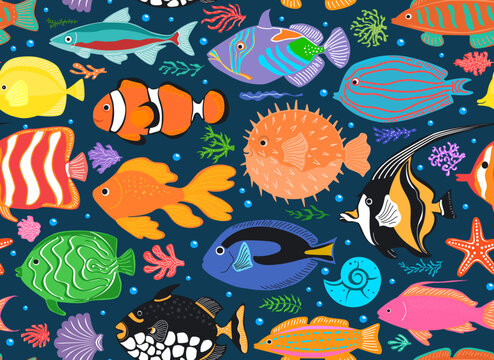 sea marine llife tropical fish school illustraiton, vector illustration repeat seamless pattern print