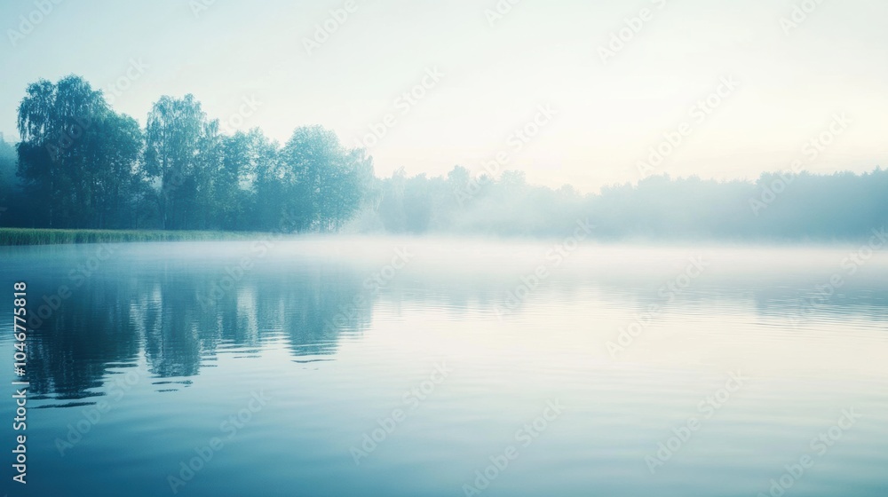 Poster the lake is covered in a gentle mist as trees softly reflect on the calm water in the early morning 