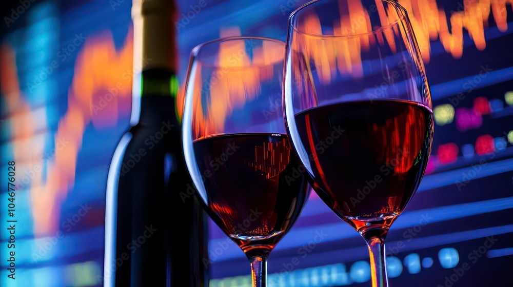 Aufkleber two glasses of red wine and a bottle on a table in front of a stock market graph.
