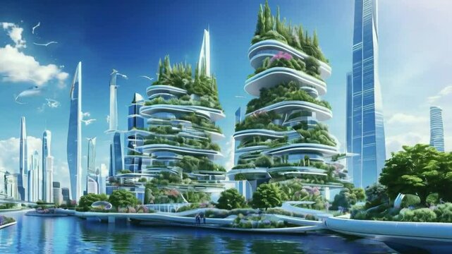 Futuristic cityscape with green architecture and integrated nature.
