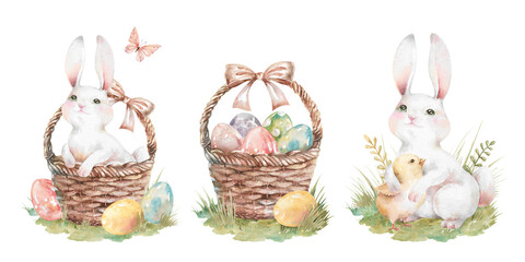 Easter rabbits in wicker basket, chicks on green lawn, painted eggs and butterflies illustration
