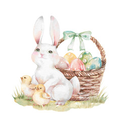 Easter bunny, chickens and wicker basket with colored eggs hand drawn watercolor illustration