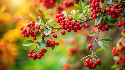 Obraz premium red and green leaves with red berries on a tree branch in a garden at a tilted angle