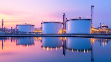Fototapeta premium Vibrant sunset reflection on industrial oil storage tanks a captivating view of modern energy infrastructure
