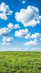 Fototapeta premium Vivid Green Grass Fields Under a Cloudy Blue Sky on a Summer Day. Background Summer Nature Concept.