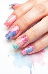Custom-made watercolor print with artificial nails of various shapes and colors. Advertising of designer cosmetics. Print, background, wallpaper, postcard. Vertical image