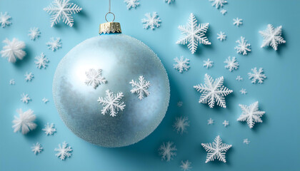 Snowflakes fall on a top view of a Christmas ball against a soft light blue pastel backgrou_1(737)