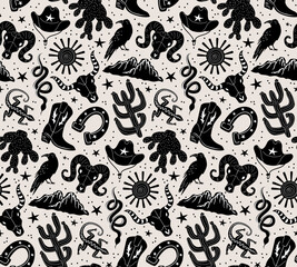 wild west cowboy cowgirl western stuff seamless pattern in black and white on tan background, vector illustration block print style repeat design print