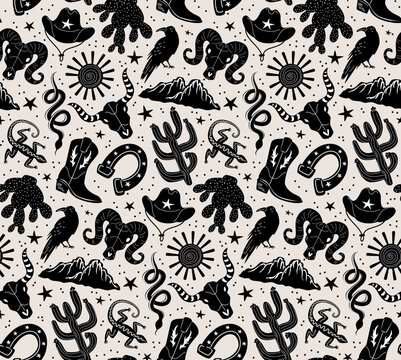 wild west cowboy cowgirl western stuff seamless pattern in black and white on tan background, vector illustration block print style repeat design print