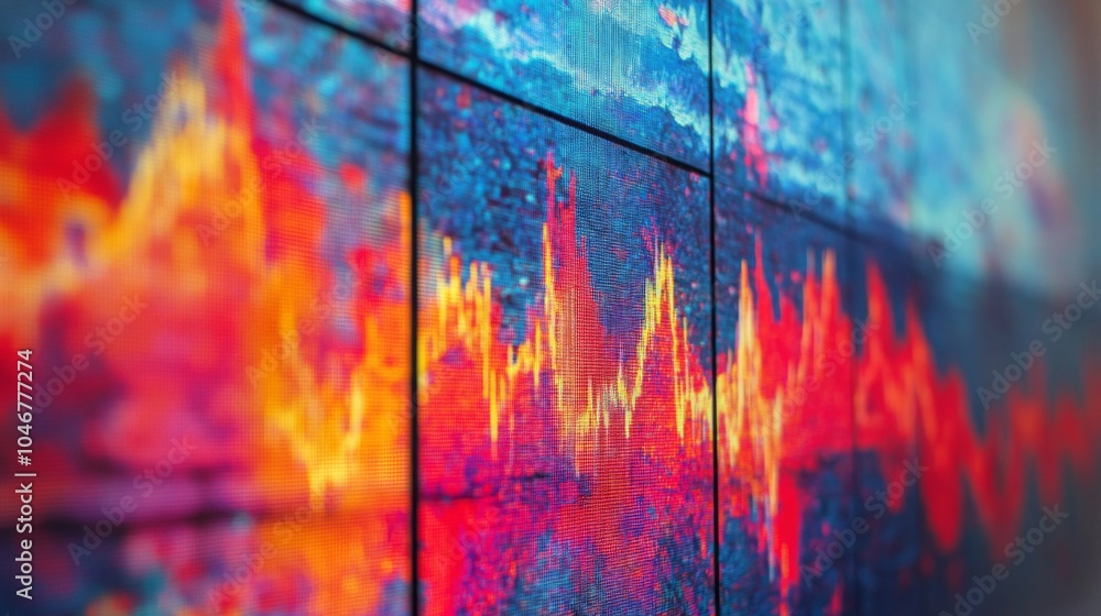 Leinwandbilder A vibrant visualization of sound waves illustrated through colorful graphs, depicting fluctuations in data and frequency.