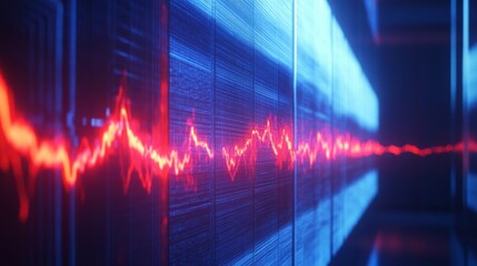 A vibrant red waveform displays data against a blue background, symbolizing technology, sound waves, and visual representation of information.