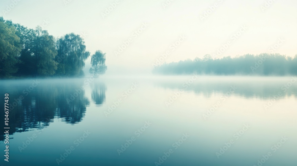 Leinwandbilder a tranquil lake at dawn enveloped in mist features reflected trees and still waters, creating a sere