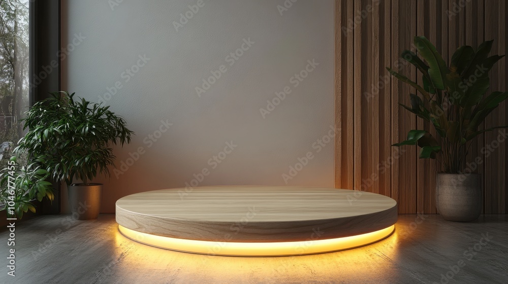 Poster create a podium mockup with a wooden base and customizable led display.