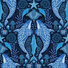 under the sea ocean marine life underwater damask style mammals fish corals seamless pattern in blue white on navy colors featuring orcas whales manta rays, dolphins, sharks, jellyfish corals