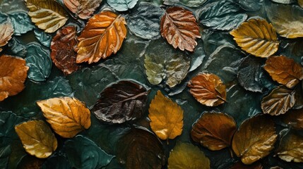 Fototapeta premium Autumn Leaves in Various Colors on Textured Dark Teal Surface