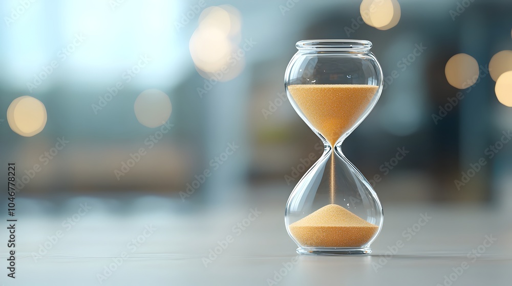 Aufkleber Close up of an elegant hourglass with glowing sand inside shining brightly and surrounded by a warm blurred bokeh glow symbolizing the concept of the passage of time