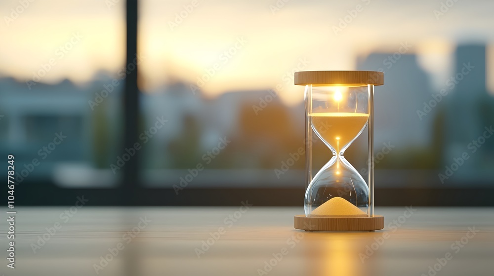Poster radiant hourglass filled with shimmering sand enveloped in a warm soft focus glow visually represent
