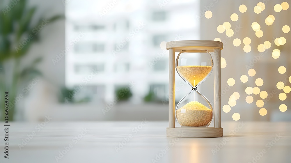 Poster Close up view of an elegant hourglass with shimmering glowing sand inside surrounded by a warm hazy bokeh glow symbolizing the fleeting nature of time and its steady passage