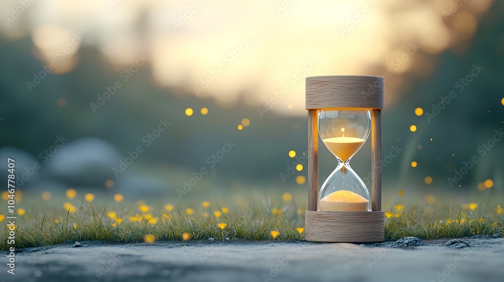 Poster mesmerizing close up of a glowing hourglass with bright shining sand cascading down surrounded by a 