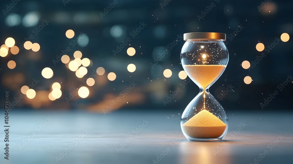 Poster Glowing Hourglass in Soft Bokeh Illumination Capturing the Passage of Time   Close up photo of an antique style hourglass with shining light illuminating the sand inside