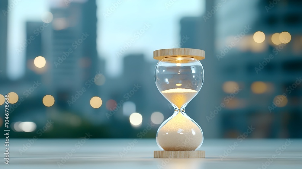 Poster Mesmerizing close up of an hourglass with shining light illuminating the sand inside glowing softly and surrounded by a warm hazy bokeh light effect creating a serene and contemplative atmosphere