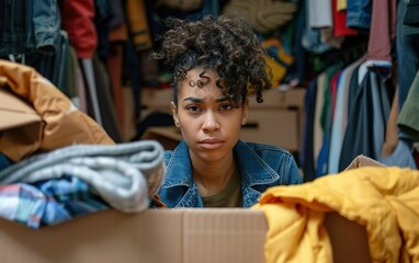 Sad tired black woman with curly hair updo packing clothes in a box for donation at her closet. Frustration from overconsumption. Sustainability, circular economy. Mindfulness concept.