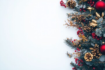 Vibrant holiday garlands featuring pine branches, red berries, and golden ornaments are elegantly arranged on a clean, solid background, creating a festive atmosphere perfect for the season.