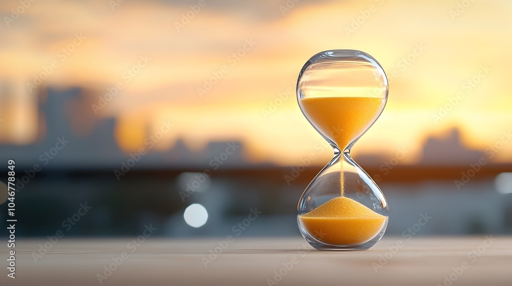 Poster captivating close up of a glowing hourglass its shimmering sand cascading against a warm ethereal ba