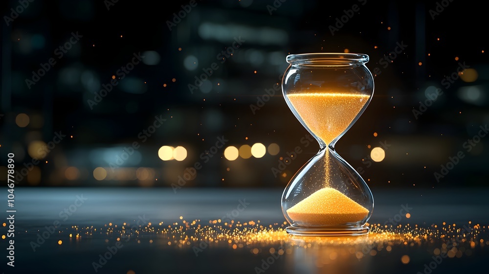 Poster Mesmerizing close up view of an hourglass filled with bright shimmering sand glowing warmly against a soft blurred bokeh background creating a magical and captivating time themed concept