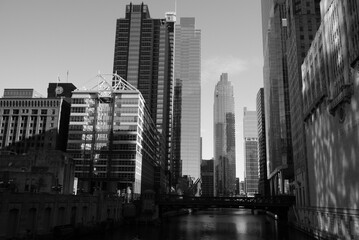 Czarno biały widok na wieżowce w Chicago © Anna