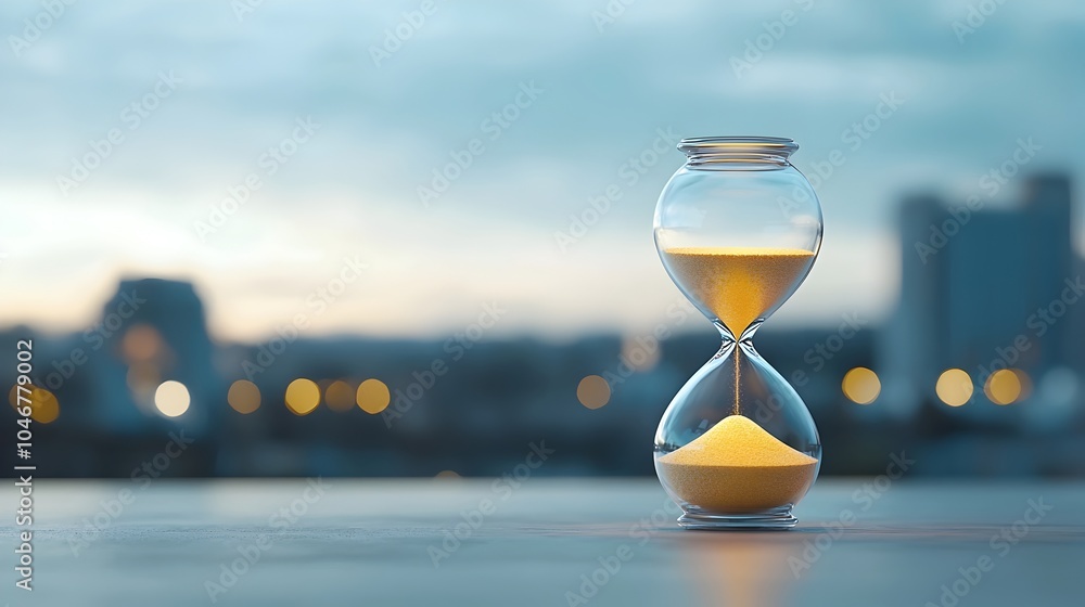Poster close up of an illuminated hourglass with glowing sand inside bathed in warm and dreamy bokeh light 