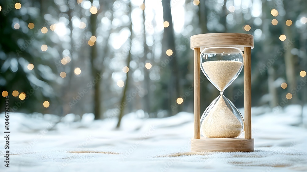 Poster close up of an illuminated hourglass with glowing sand inside bathed in warm ethereal bokeh light sy