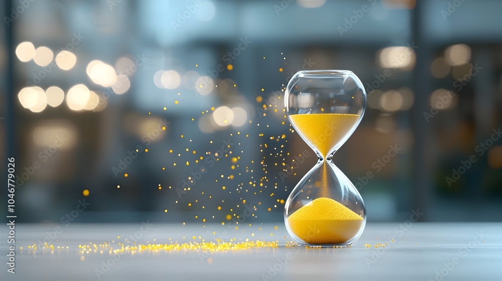 Poster Shimmering hourglass with glowing sand flowing within surrounded by a warm ethereal bokeh glow   a captivating symbol of time s elegant passage