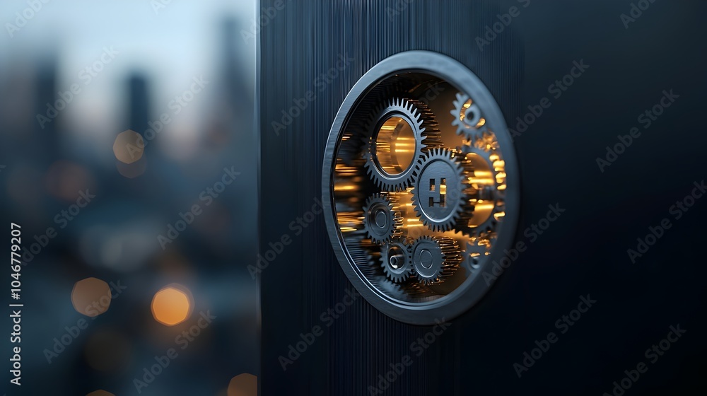 Poster Close up view of an intricate gear mechanism inside a keyhole glowing softly and surrounded by a warm atmospheric bokeh effect  This conceptual image symbolizes precision security
