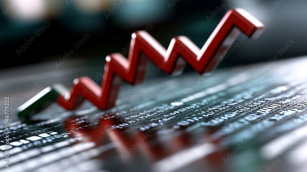 Aufkleber red arrow pointing upwards on a background of stock market data.