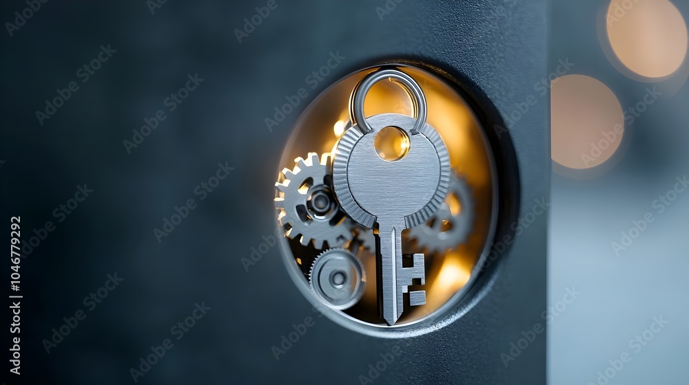 Poster Captivating close up of an intricate gear mechanism inside a softly glowing keyhole surrounded by a warm bokeh effect symbolizing the concepts of precision security and engineering excellence