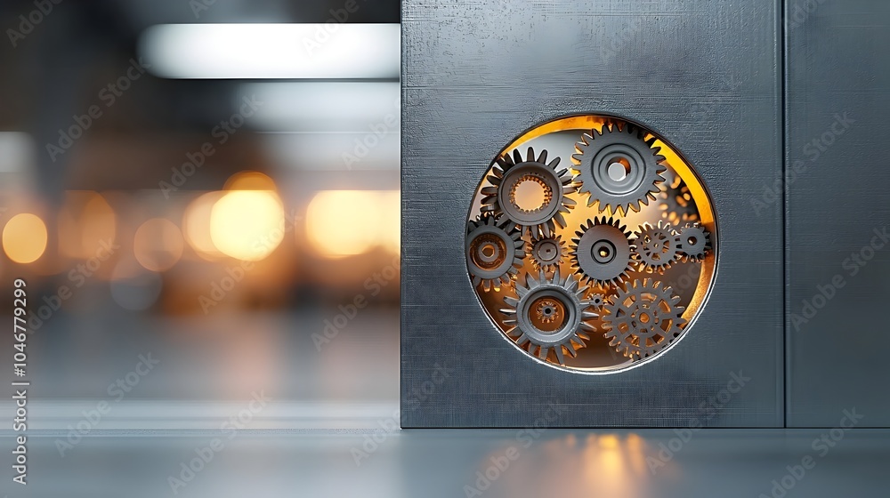 Poster Detailed gear mechanism exposed through a keyhole illuminated by a warm hazy bokeh glow in the background representing the complexity and security of inner workings