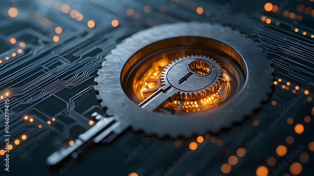Poster Close up view of an ornately designed keyhole mechanism with intricate gears and components glowing softly and surrounded by a warm dreamlike bokeh effect symbolizing precision security